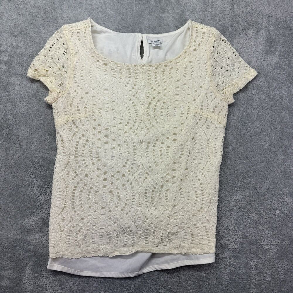 J. Crew Top Women's 4 Cream Short Sleeve Lace Scoop Neck Top Lined Blouse Shirt